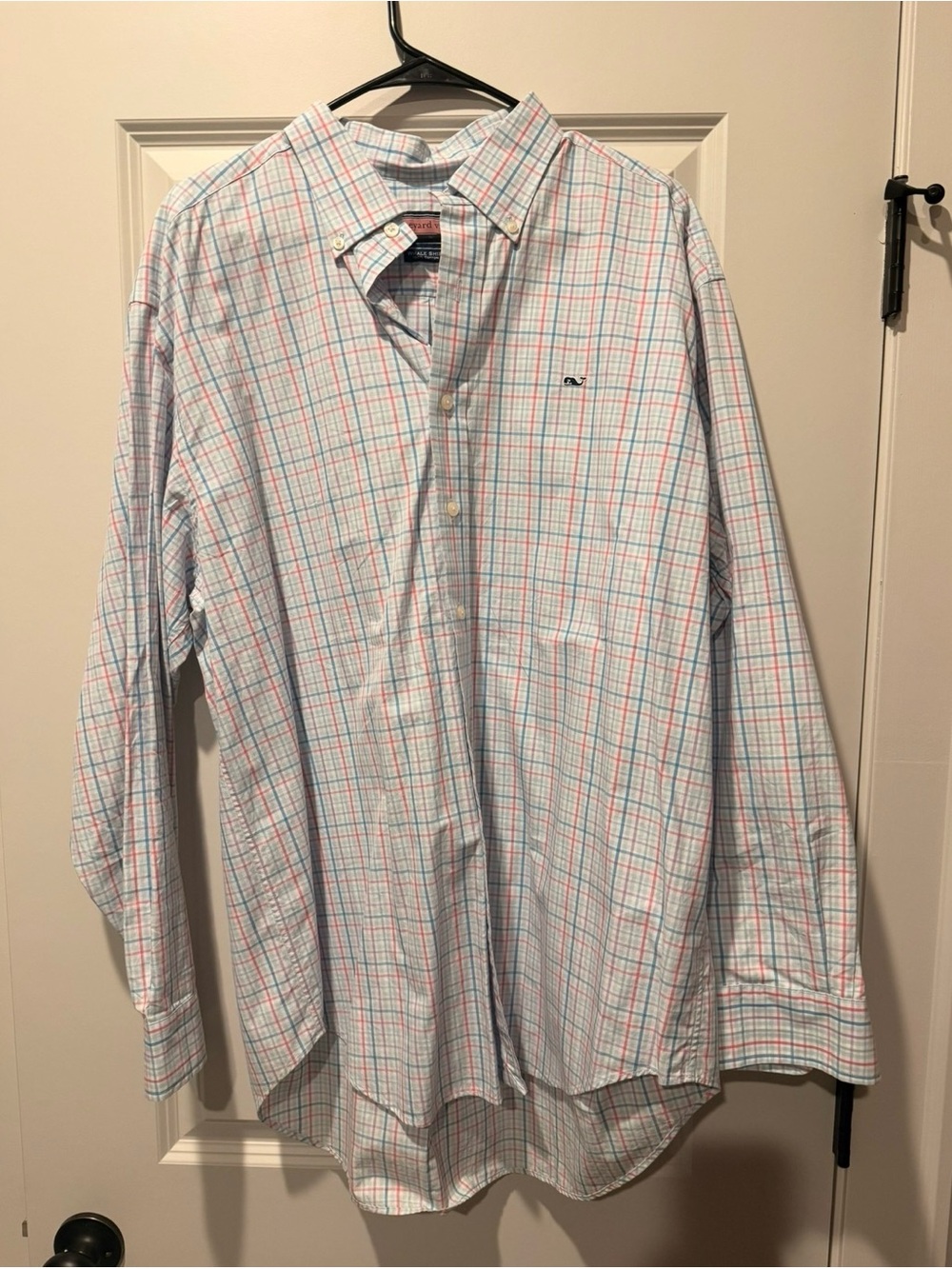 Vineyard Vines White Button-Down Shirt with Blue & Pink Plaid